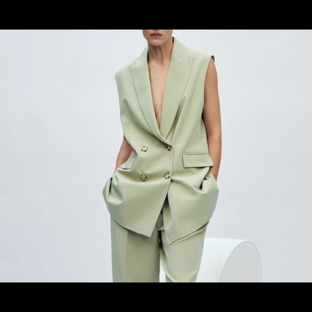 ZARA Double Breasted Vest(Light Green, US S, M)
